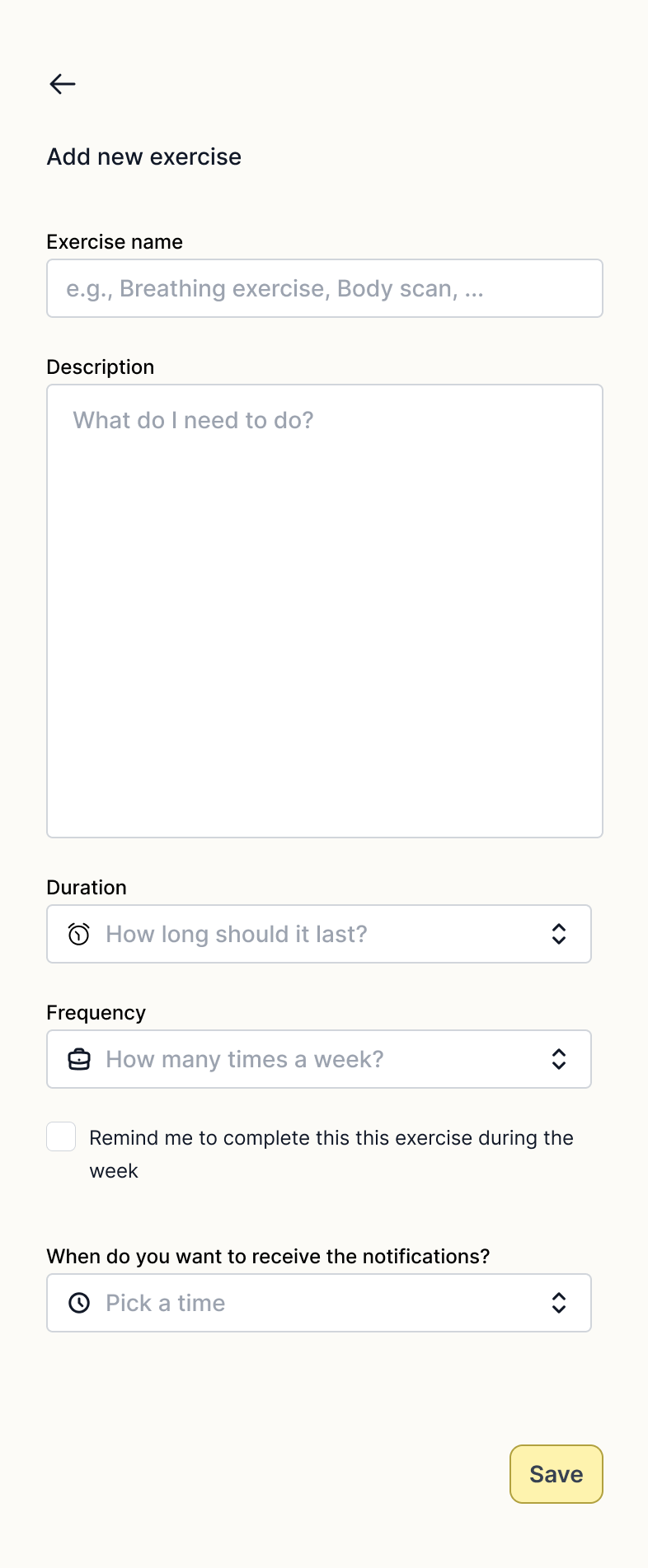 Add new exercise screen
